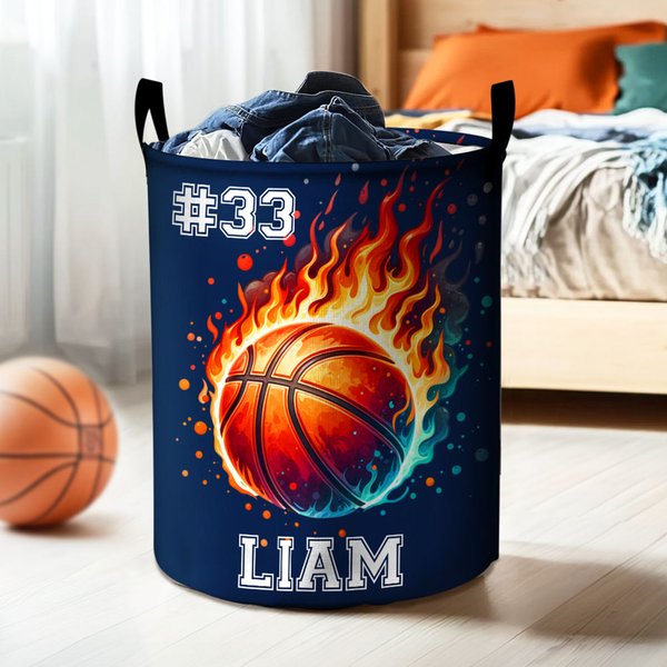 Personalised Flame Ball Design Waterproof Storage Basket with Handle Number Name Birthday Housewarming Gift for Family Ball Sports Lover