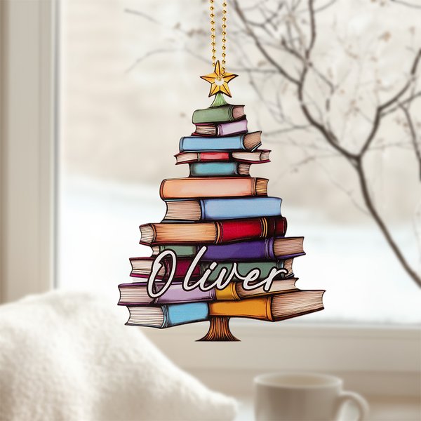 Personalized Book Tree Suncatcher Christmas Ornament with Name Holiday Tree Window Car Decor Birthday Book Club Gift for Bookworms Librarians
