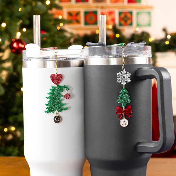 Personalized Snowflake Heart Christmas Tree Bow Charm with Initial Accessories for Stanley Tumbler Christmas Party Gift for Family