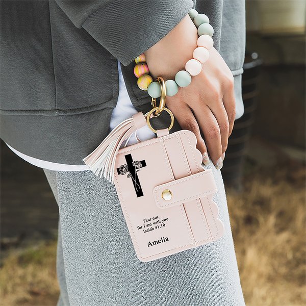 Personalized Cross Birth Flowers Keychain Wristlet Leather Wallet with Beaded Bracelet and Name Christmas Easter Gift for Christian Women