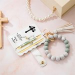 Personalized Cross Birth Flowers Keychain Wristlet Leather Wallet with Beaded Bracelet and Name Christmas Easter Gift for Christian Women