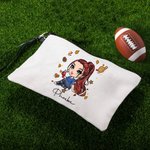 Personalised Fashion Football Girl Linen Wristlet Makeup Bag with Name Travel Accessory Birthday Sports Gift for Women Football Lovers