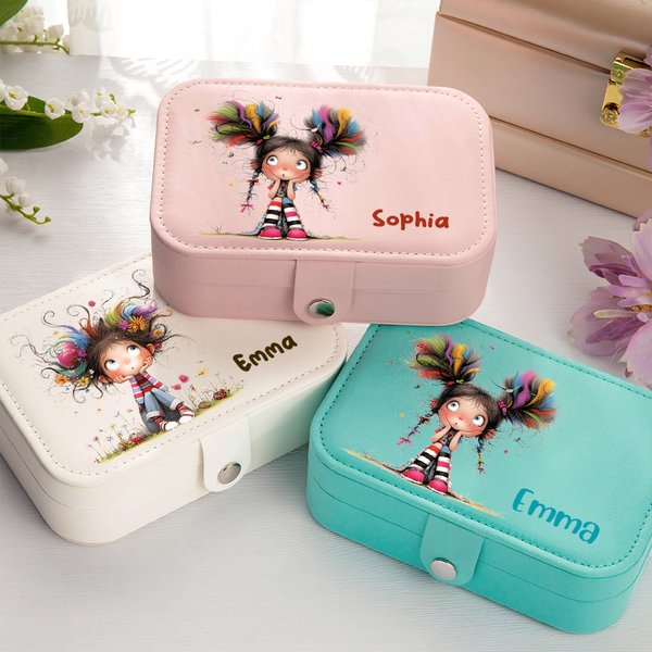 Personalizzato Quirky Girl Scatola per gioielli in pelle PU a due strati con nome Accessorio da viaggio Regalo di compleanno e anniversario per donne