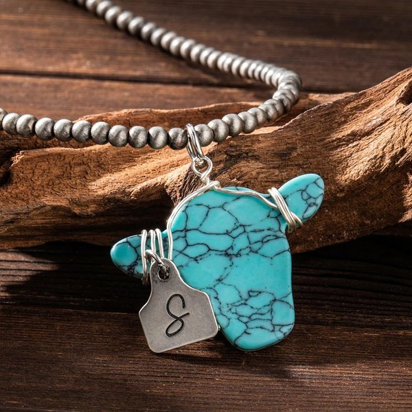 Personalised Retro Navajo Style Western Cow Dyed Stone Necklace with Engraved Initial Tag Birthday Gift for Cowboy Cowgirl