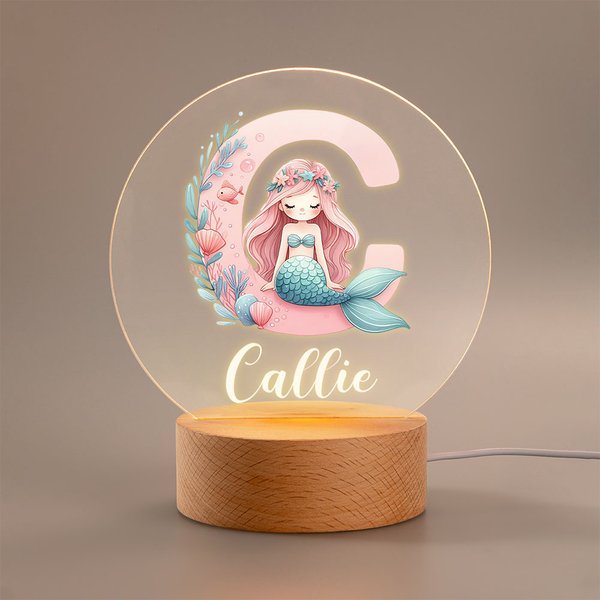 Lámpara de noche LED acrílica personalizada de sirenita con base de madera y nombre Decoración de cuarto de niños Baby Shower Regalo de cumpleaños para niños
