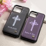 Personalisierte Kreuz Geburt Blume Name Leder Flip Phone Case für Apple Samsung mit Karteninhaber RFID-Blockierung religiöse Taufe Geschenk für Christian