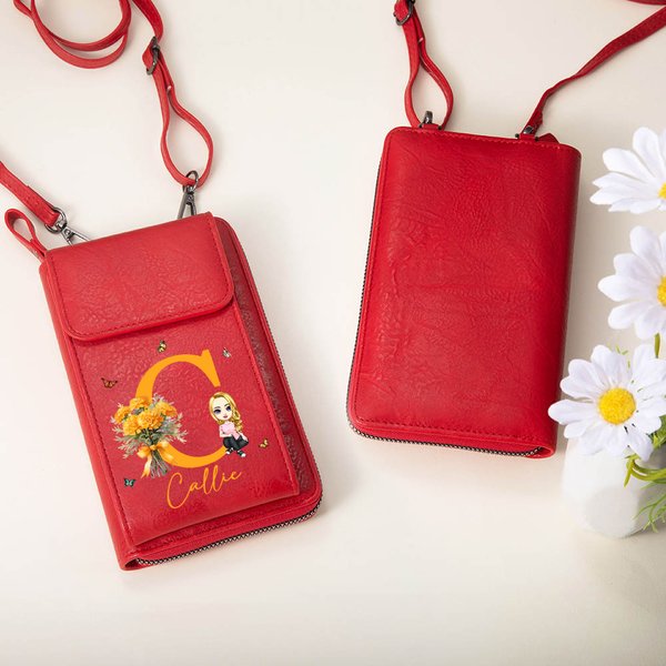 Potefeuille en Cuir Personnalisé avec Nom Initiale et Personnage Dessin Animé Accessoire Compartiments Multiples Cadeau Anniversaire pour Femme