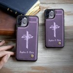 Personalisierte Kreuz Geburt Blume Name Leder Flip Phone Case für Apple Samsung mit Karteninhaber RFID-Blockierung religiöse Taufe Geschenk für Christian