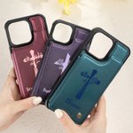 Personalisierte Kreuz Geburt Blume Name Leder Flip Phone Case für Apple Samsung mit Karteninhaber RFID-Blockierung religiöse Taufe Geschenk für Christian