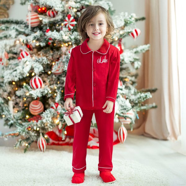 Pyjama de Noël rouge personnalisé avec nom Cadeau de réveillon de Noël pour garçons et filles