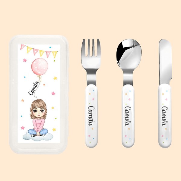 Personalized Balloon Star Name Stainless Steel Kid Toddler Knife Fork Spoon Cartoon Case 3 Pcs Cutlery Set Birthday Back to School Gift for Boy Girl