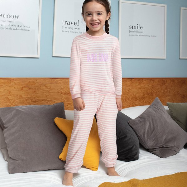 Personalized Soft 100% Cotton Striped Kid Pajama Set with Embroidered Text Birthday Gift for Boys Girls
