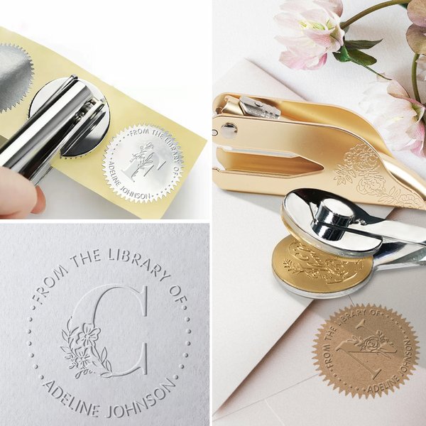 Personalised Floral Initial Book Embossing Stamp Hand Held Flower Embosser with Name and Title Birthday Library Gift for Bookworms Readers