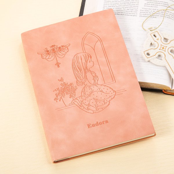 Cahier de notes chrétien en faux cuir gravé pour enfant avec nom Baptême Anniversaire Cadeau pour filles Garçons