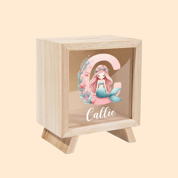 Personalised Mermaid Initial Clear Wooden Piggy Money Box with Name Birthday Children's Day Gift for Girls