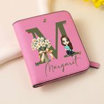 Personalised Cartoon Character Birth Flower Leather Compact Bifold Pocket Wallet with Name and Initial Birthday Anniversary Gift for Women Girls