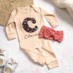 Personalised Embroidery Name Floral Long-sleeved Bodysuit Bow-knot Headband Set Baby Shower Gift for Newborns