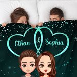Couverture douce double cœur personnalisée avec personnages de dessin animé noms et année - Cadeau Saint-Valentin anniversaire pour couple