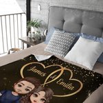 Couverture douce double cœur personnalisée avec personnages de dessin animé noms et année - Cadeau Saint-Valentin anniversaire pour couple