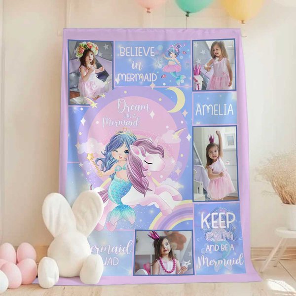 Personalisierte Fantasy Meerjungfrau 4 Fotos Collage weiche Decke mit Namen Kinderzimmer Dekoration Geburtstag Baby Dusche Geschenk für Kinder