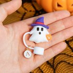 Personalized 3D Ghost Cat Pumpkin Straw Cover Topper with Initial Charm Accessories for Stanley Tumbler Halloween Birthday Gift for Family Friends