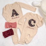 Personalised Embroidery Name Floral Long-sleeved Bodysuit Bow-knot Headband Set Baby Shower Gift for Newborns