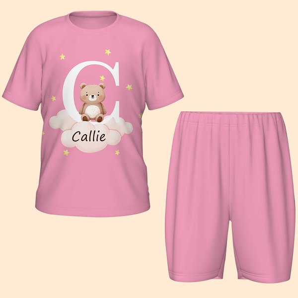 Personalized Star Cloud Initial Cute Forest Animal Soft Kid Pajamas T-shirt Shorts Set with Name Multicolour Available Birthday Gift for Boys Girls