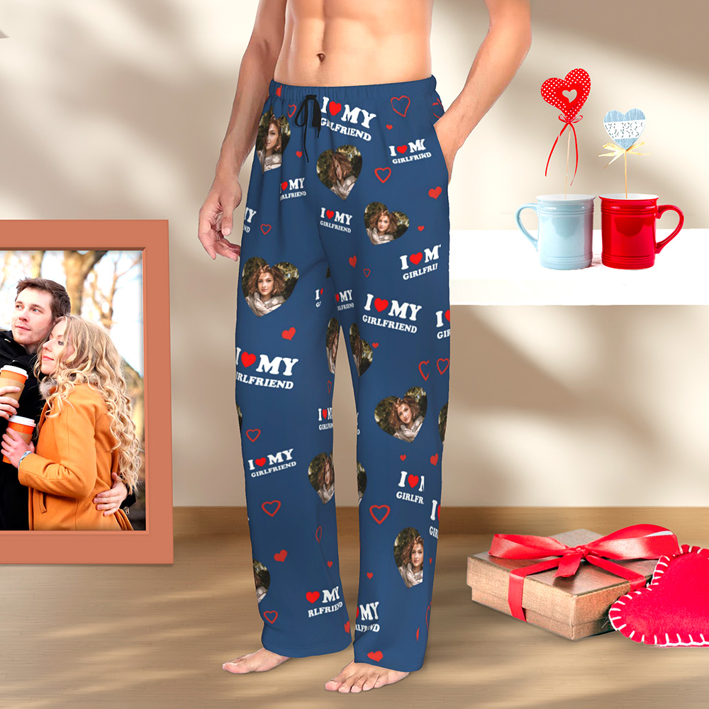 Personalisierte Ich liebe meinen Freund Freundin Foto Portrait lange Pyjama-Hose mit Kordelzug Valentinstag Jahrestag Geschenk für Paar