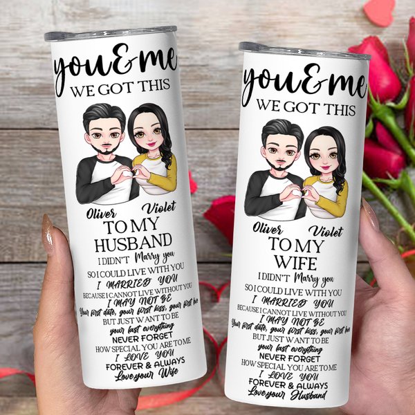 Personalised Cartoon Couple Heart Gesture 20oz Skinny Tumbler with Lid Straw Valentine's Day Anniversary Birthday Gift for Husband Wife Partner