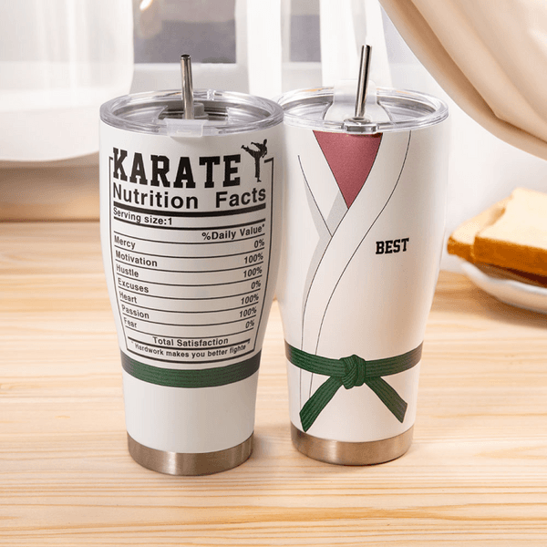 Personalized  Karate Belt Name Uniform Nutrition Facts Insulated Tumbler with Lid and Straw Birthday Gift for Martial Art Taekwondo Lovers Coaches
