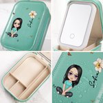 Portagioie in pelle PU personalizato con personaggio cartone animato fiore di nascita specchio LED a tre colori regalo di compleanno viaggio per donne