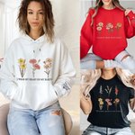 Personalized I Wear My Heart on My Sleeve Unisex T-shirt Sweatshirt Hoodie with 1-10 Birth Flowers and Names Birthday Gift for Family