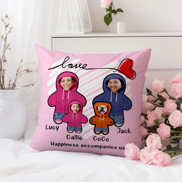 Spersonalizowana Poszewka na poduszkę z imieniem i nazwiskiem Love Heart 1-6 Cartoon Hoodie Face Zdjęcie Dekoracja domu Urodziny Walentynki Prezent dla pary Rodzina