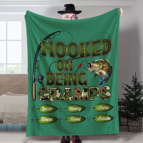 Spersonalizowany miękki koc wędkarski Hooked On Being Papa Fishing z 1-20 imionami Dekoracja domu Urodziny Dzień Dziadka Prezent na Dzień Ojca dla Taty Dziadka