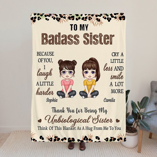 Personalised Badass Sister Brother Leopard Print Cartoon Soft Throw Blanket with Names Home Decor Birthday Friendship Gift for Besties Friends