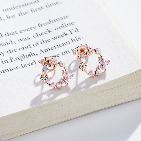 Personalized Minimalist Floral Butterfly Birthstones Stud Earrings Birthday Valentine's Day Gift for Women