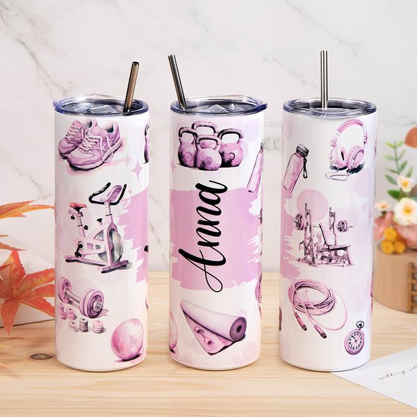 Personalised Watercolour Fitness Equipment Why You Started 20oz Skinny Tumbler with Lid Straw Motivational Birthday Gift for Workout Coach Gym Lover