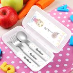 Personalizowany przenośny pojemnik na lunch w kształcie kwiatka z nożem, widelcem, łyżką i zestawem sztućców z imieniem Urodzinowy prezent dla chłopców i dziewczynek