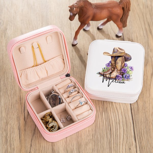 Personalized Birth Flower Western Cowgirl Boots Hat Design Leather Jewelry Box with Name Portable Travel Accessories Birthday Gift for Women