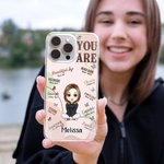 Spersonalizowane etui na iPhone'a z imieniem i nazwiskiem Self Care You Are Bible Verse Affirmation Cartoon Slim Inspirujący prezent dla kobiet i dziewcząt