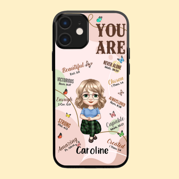 Spersonalizowane etui na iPhone'a z imieniem i nazwiskiem Self Care You Are Bible Verse Affirmation Cartoon Slim Inspirujący prezent dla kobiet i dziewcząt