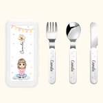 Personalizowany przenośny pojemnik na lunch w kształcie kwiatka z nożem, widelcem, łyżką i zestawem sztućców z imieniem Urodzinowy prezent dla chłopców i dziewczynek