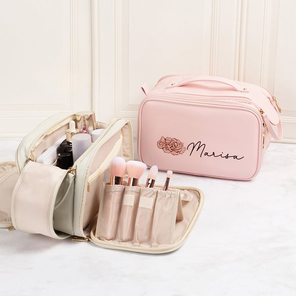 Sac de Maquillage Imperméable Personnalisé avec Nom et Fleur de Naissance Sac Cosmétique à Plusieurs Compartiments Cadeau Anniversaire pour Femme