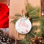 Personalized Pink Flowers Ceramic Ornament with Name Christmas Tree Decor First Christmas Gift for Baby Girl