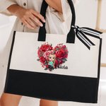 Personalised Cartoon Character Flower Heart Floral Canvas Tote Bag with Name and Handle Travel Essentials Valentine's Day Birthday Gift for Women
