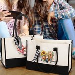 Personalised Cartoon Character Flower Heart Floral Canvas Tote Bag with Name and Handle Travel Essentials Valentine's Day Birthday Gift for Women