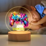 Personalised Colourful Splash Ink Gamepad Controller LED Night Light with Pixel Name and Wooden Base Home Decor Birthday Gift for Kids