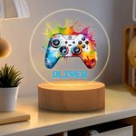 Personalised Colourful Splash Ink Gamepad Controller LED Night Light with Pixel Name and Wooden Base Home Decor Birthday Gift for Kids