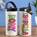 Personlig färgglad 3D-effektbokstav 15oz isolerad namnvattenflaska med vikbart sugrör och handtag Födelsedagsback till skolan-present för barn
