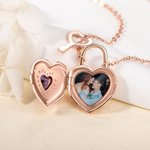Personalised Love Lock Photo Locket Necklace with Heart Birthstone and Key Charm Dainty Jewellery Birthday Anniversary Gift for Women